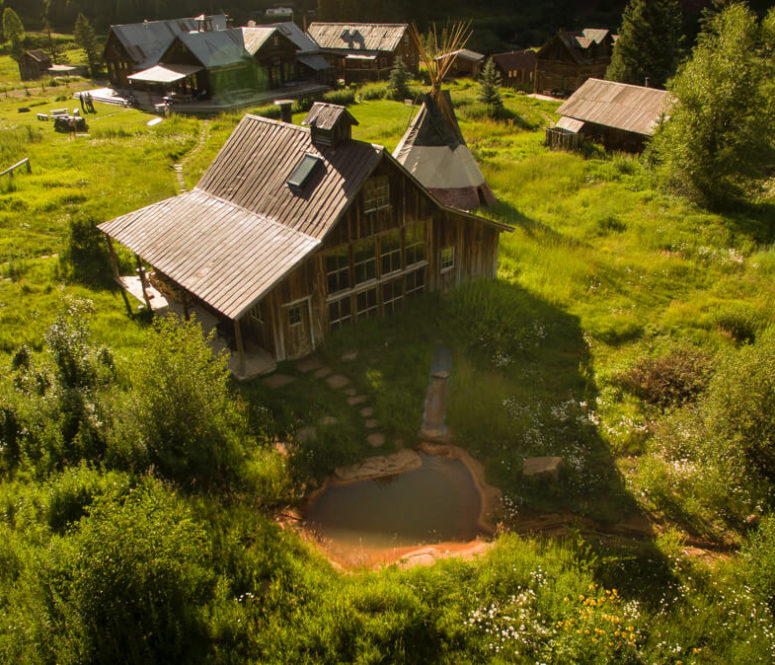 Aerial shot of bathhouse during summer day