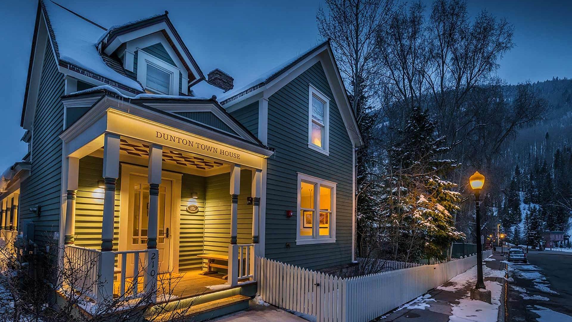 Dunton Town House at dusk in the wintertime